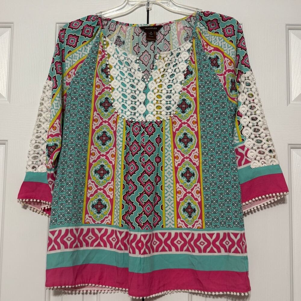 Multiples Peasant-Style Crochet Bib Geometric Print Tunic Blouse, Size M